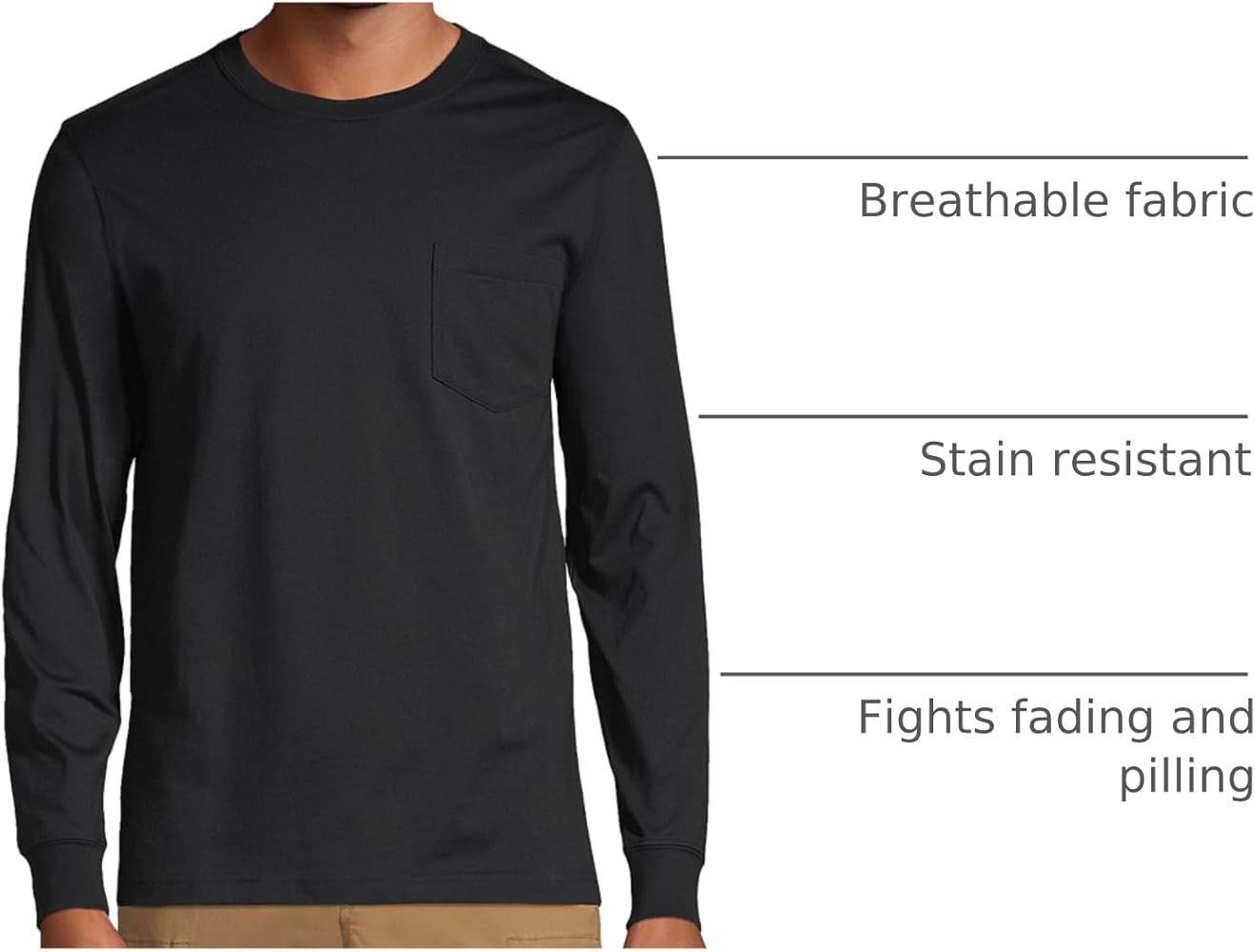 Lands' End Mens Long Sleeve Pocket Super-T Tee Black Regular